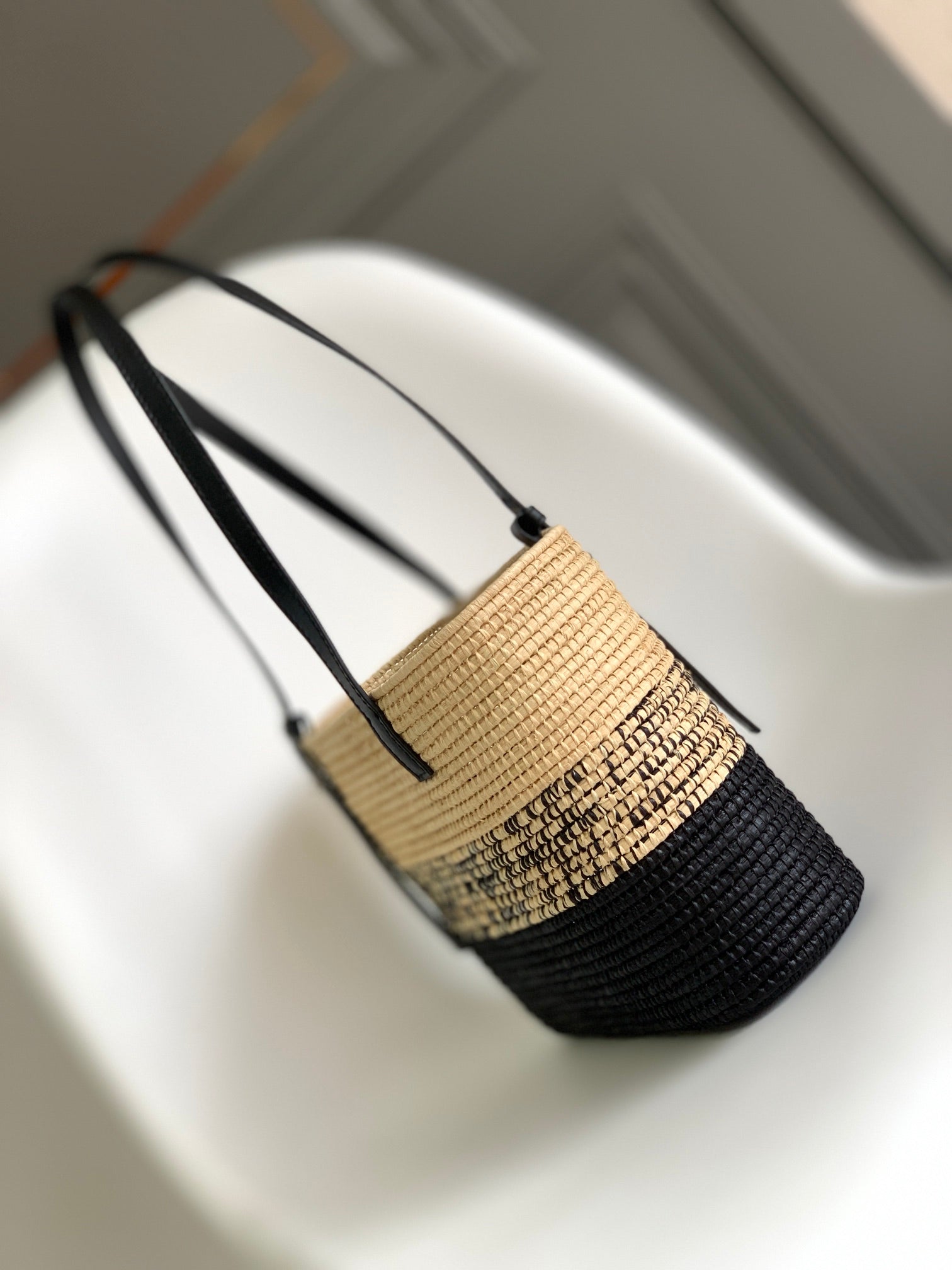 LOEWE 25S BASKET BAG 30 IN NATURAL MIX BLACK RAFFIA CALFSKIN SHOULDER STRAP