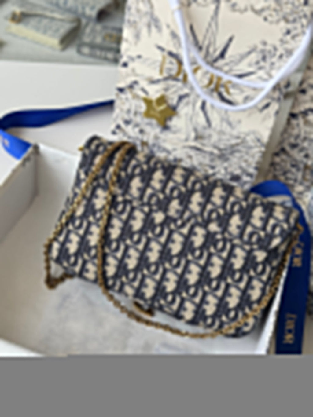 DIOR 25S MEDIUM SADDLE POUCH WITH CHAIN 21 IN BLUE DIOR OBLIQUE JACQUARD CANVAS