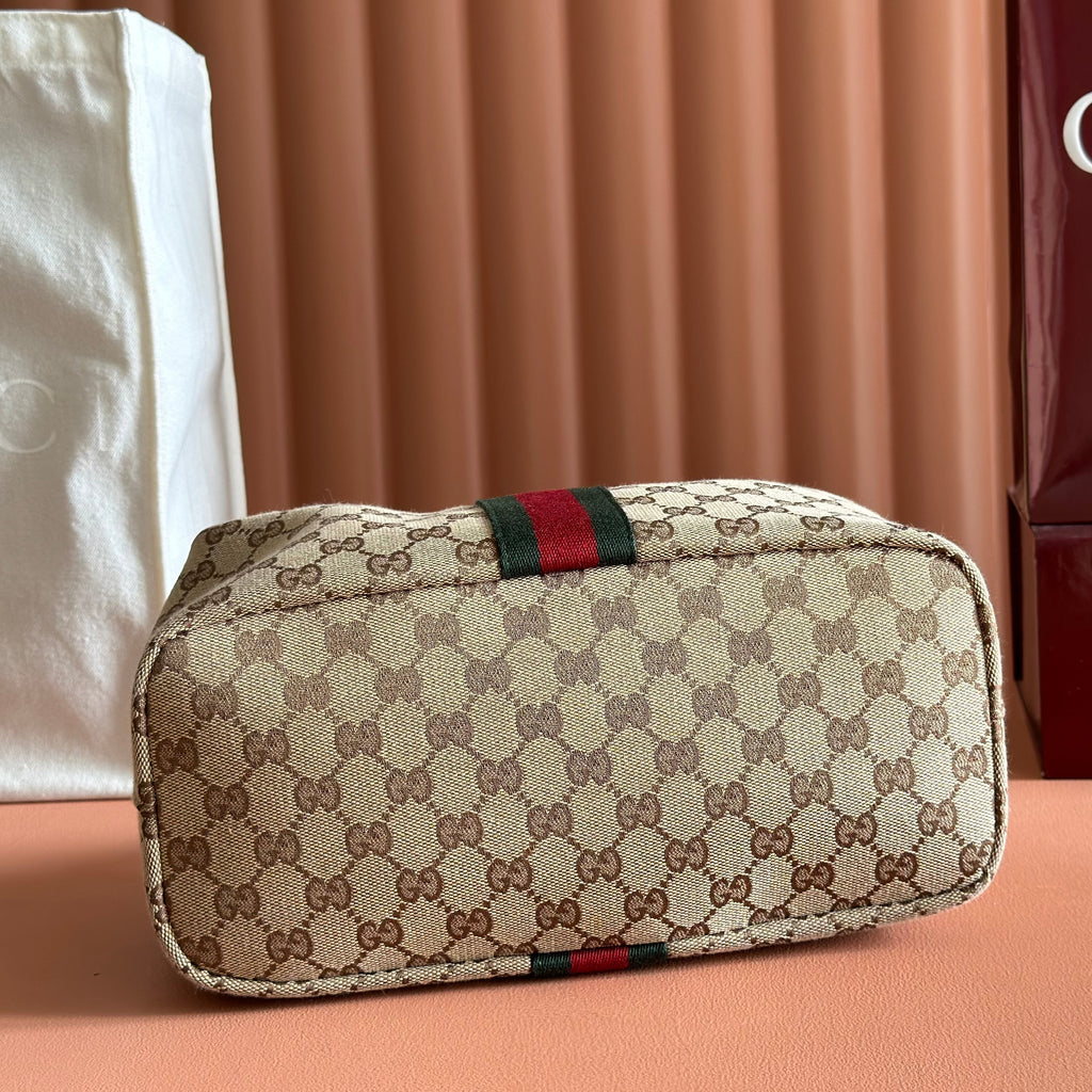 GUCCI 26S GIGLIO TOP HANDLE BAG 27 IN WARM BEIGE AND BROWN CANVAS