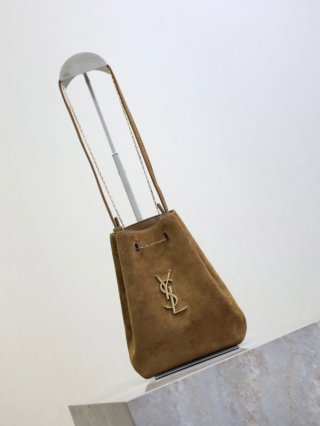 YSL 25S POCHON BAG 24 IN CARAMEL COGNAC SUEDE GOLD HARDWRE