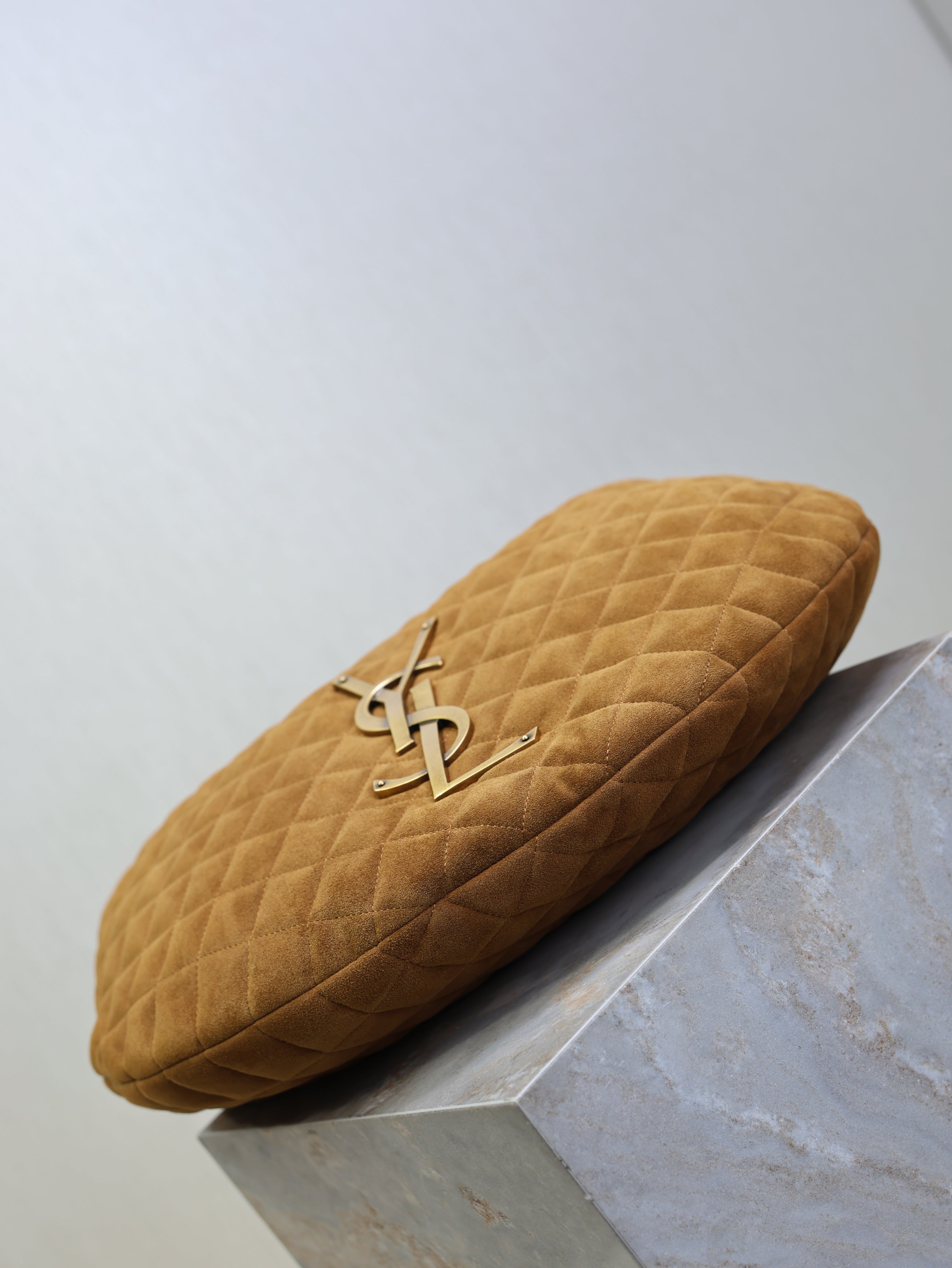 YSL 25S ICARINO 44 IN CARAMEL QUILTED SUEDE GOLD HARDWARE