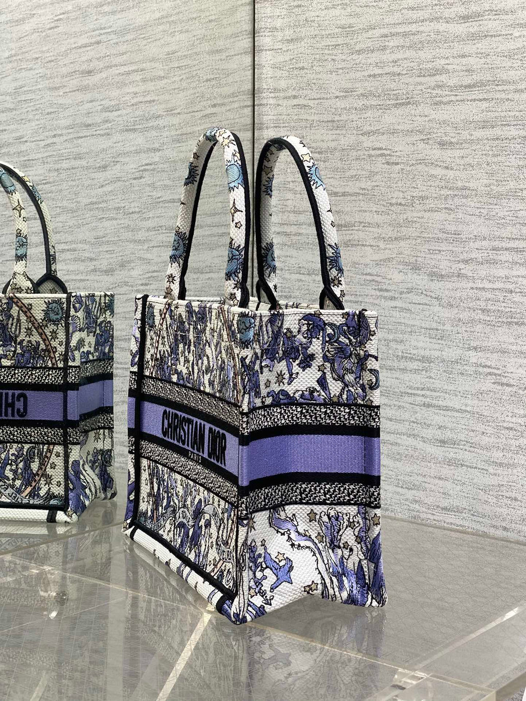 DIOR 25S SMALL BOOK TOTE 26 IN WHITE AND PURPLE DIOR NIGHT OF DREAMS EMBROIDERY