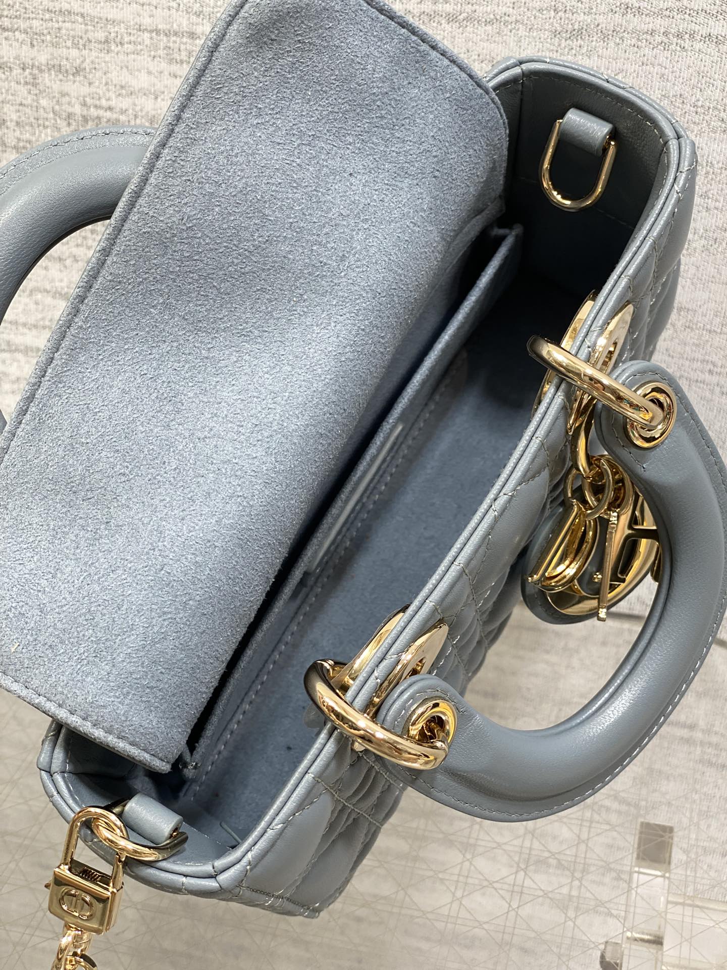 DIOR 25S SMALL LADY D‑JOY BAG 19 IN STEEL BLUE GRAY CANNAGE CALFSKIN GOLD HARDWARE