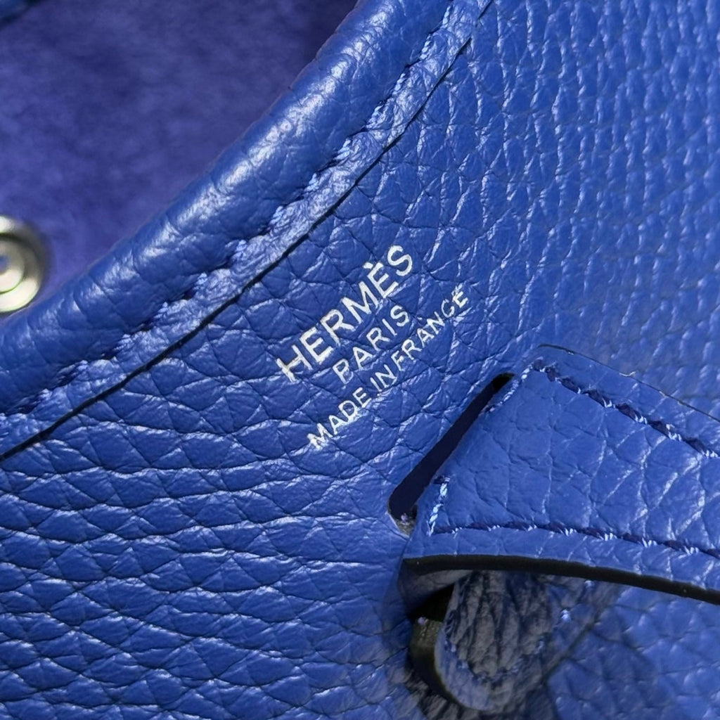HERMES 25S MINI EVELYNE 18 IN BLUE PATTERNED STRAP CALFSKIN SILVER HARDWARE