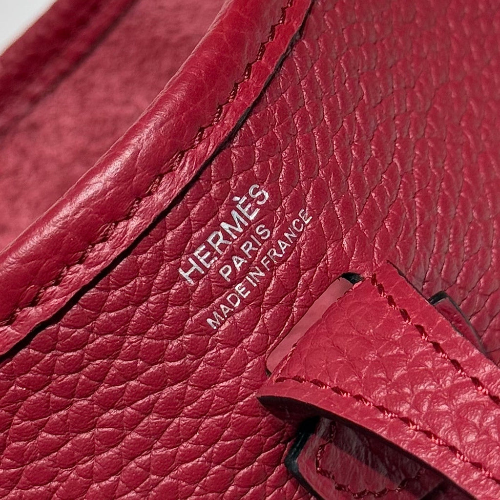 HERMES 25S MINI EVELYNE 18 IN BURGUNDY PATTERNED STRAP CALFSKIN SILVER HARDWARE