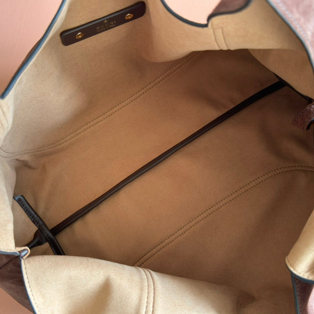 GUCCI 25S HANDBAG 46 CM IN DARK CACAO BROWN SUEDE WITH GOLD HARDWARE