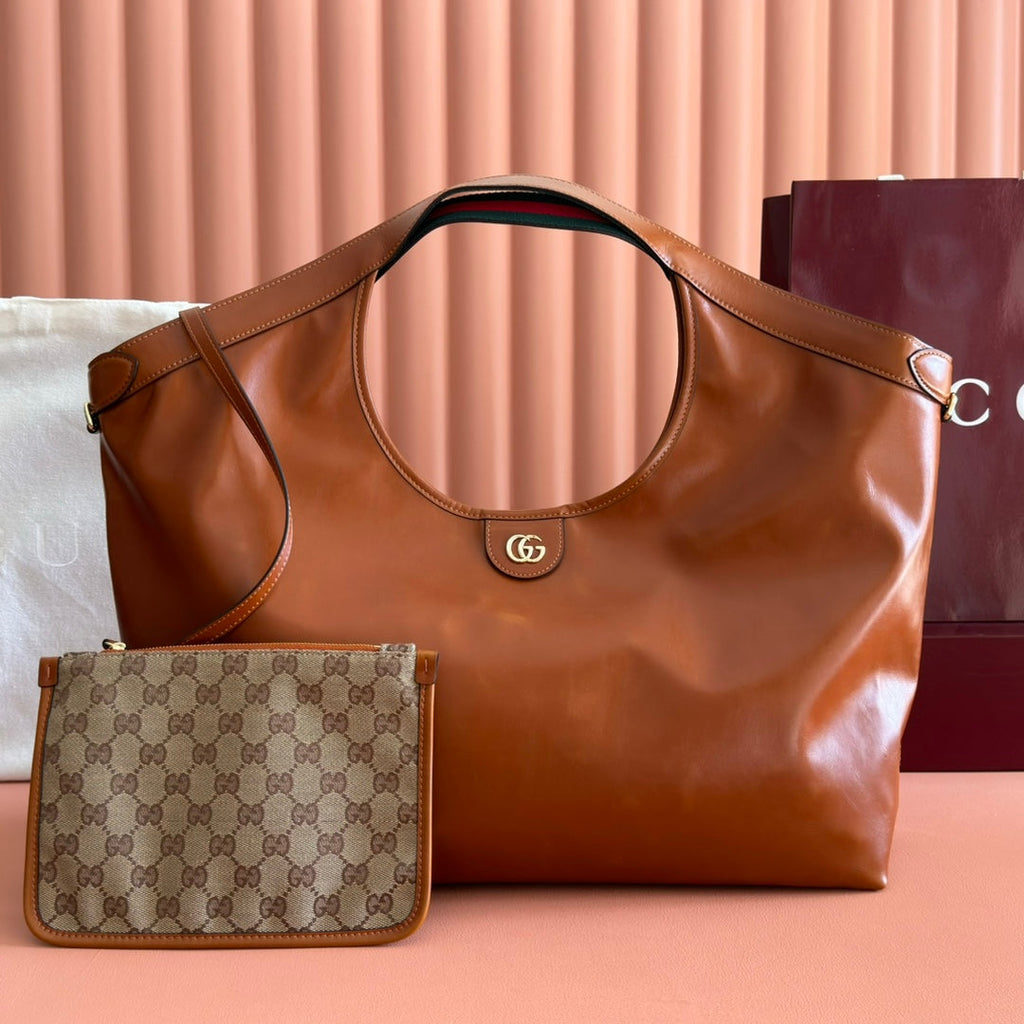 GUCCI 26S GIGLIO LARGE TOTE BAG 60 IN DARK BROWN SHINY CALFSKIN